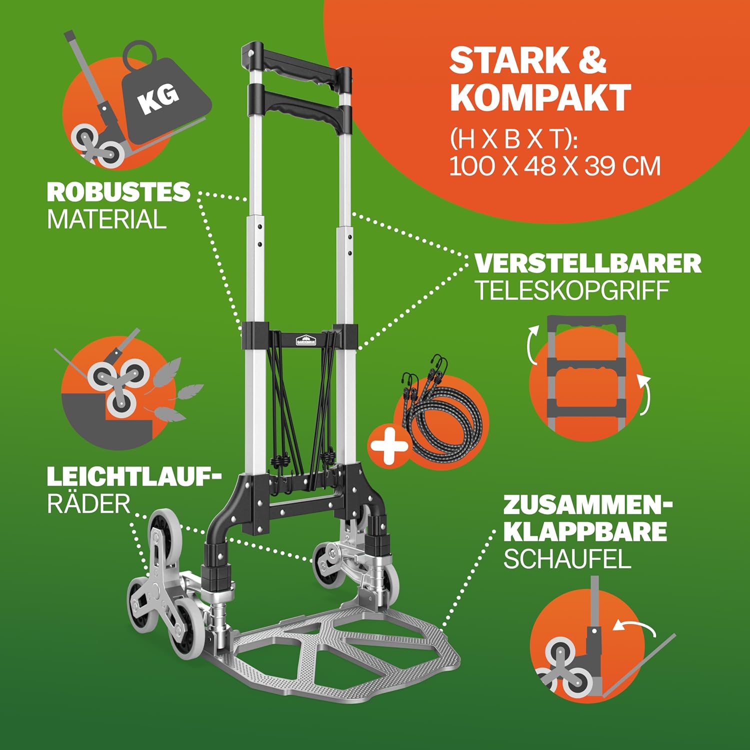 GARDEBRUK® Treppenkarre klappbar - Aluminium Transportkarre mit pannensicheren Reifen - 80 kg Tragkraft - inkl. Handschuhe & Expander - Faltbare Sackkarre für Treppen & Garten — Ansicht 2