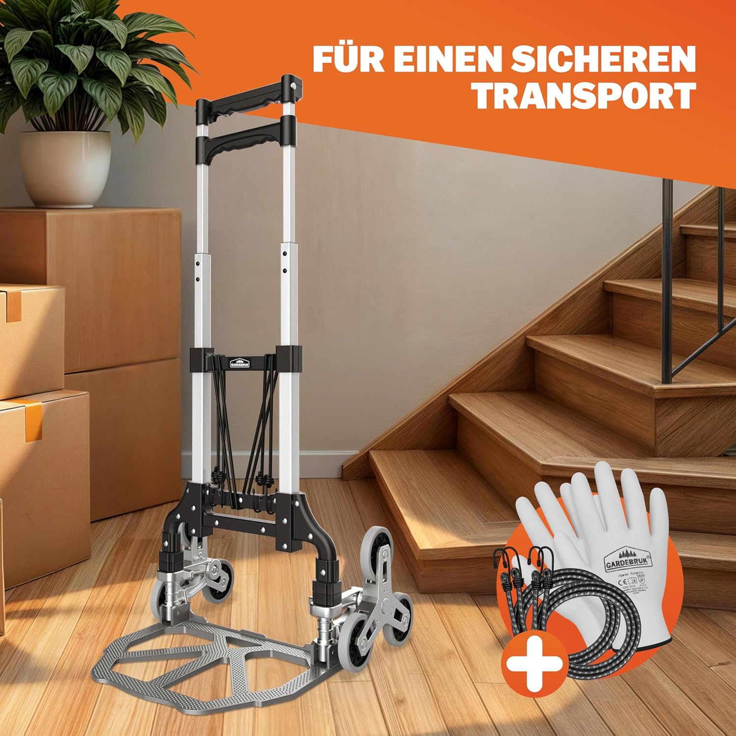GARDEBRUK® Treppenkarre klappbar - Aluminium Transportkarre mit pannensicheren Reifen - 80 kg Tragkraft - inkl. Handschuhe & Expander - Faltbare Sackkarre für Treppen & Garten — Ansicht 6