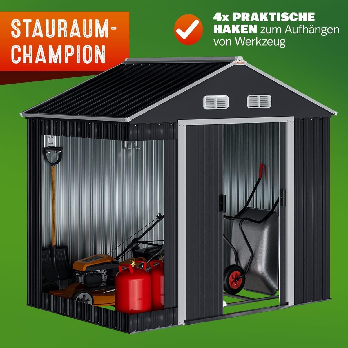 GARDEBRUK® XL Metall Gerätehaus 2m2 mit Fundament 196x132x188cm Schiebetür Anthrazit Geräteschuppen Gartenhaus Schrank 4m3 — Ansicht 2