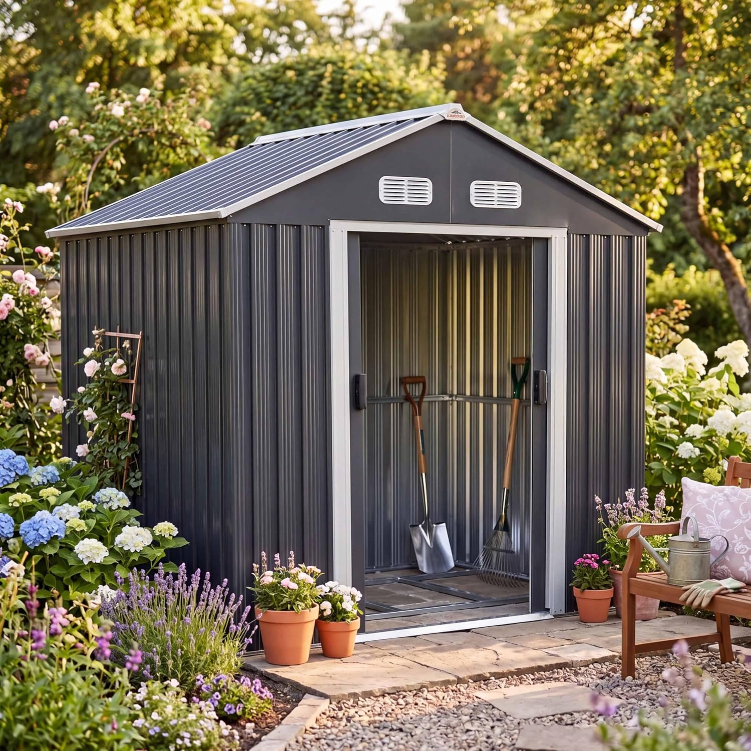 GARDEBRUK® XL Metall Gerätehaus 2m2 mit Fundament 196x132x188cm Schiebetür Anthrazit Geräteschuppen Gartenhaus Schrank 4m3