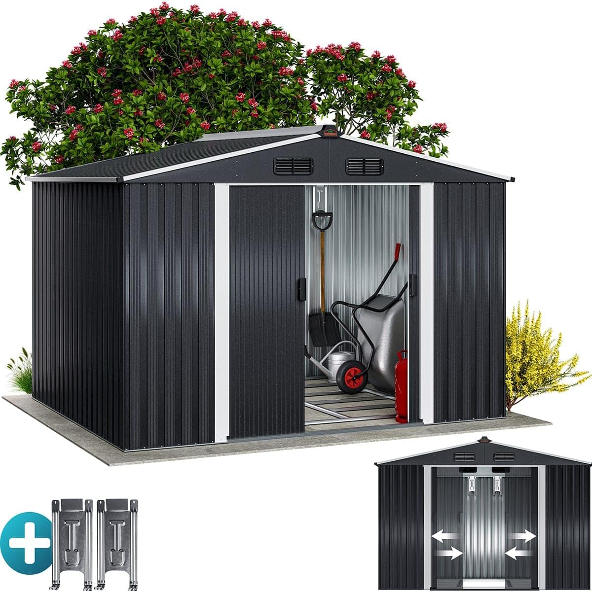 GARDEBRUK® XXL Metall Gerätehaus 5m2 mit Fundament 260x205x180cm Schiebetür Metallic-Grau Geräteschuppen Gartenhaus 9m3