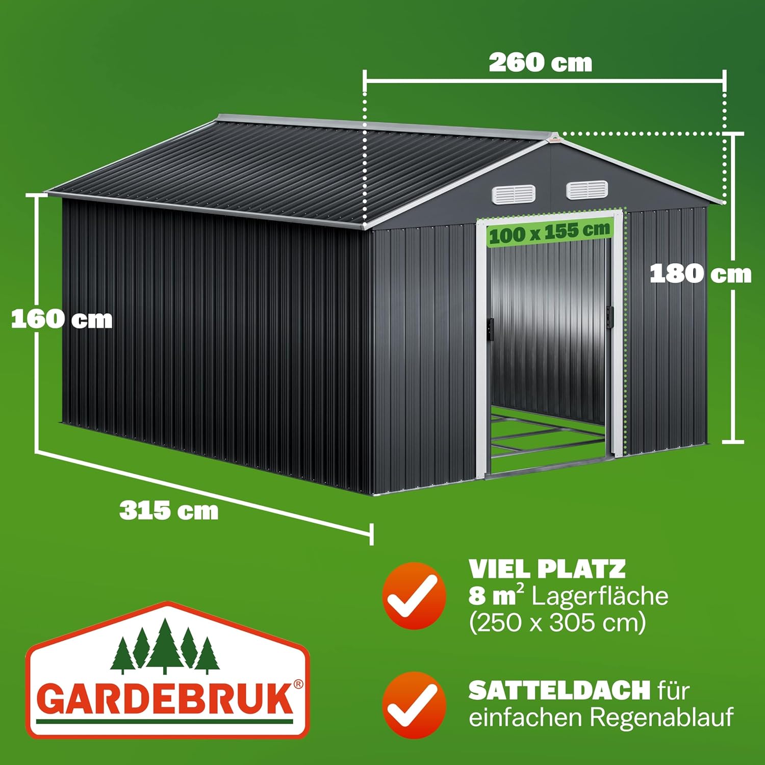 GARDEBRUK® XXXL Metall Gerätehaus 8m2 mit Fundament 315x260x180cm Schiebetür Anthrazit Geräteschuppen Gartenhaus 15m3 — Ansicht 3