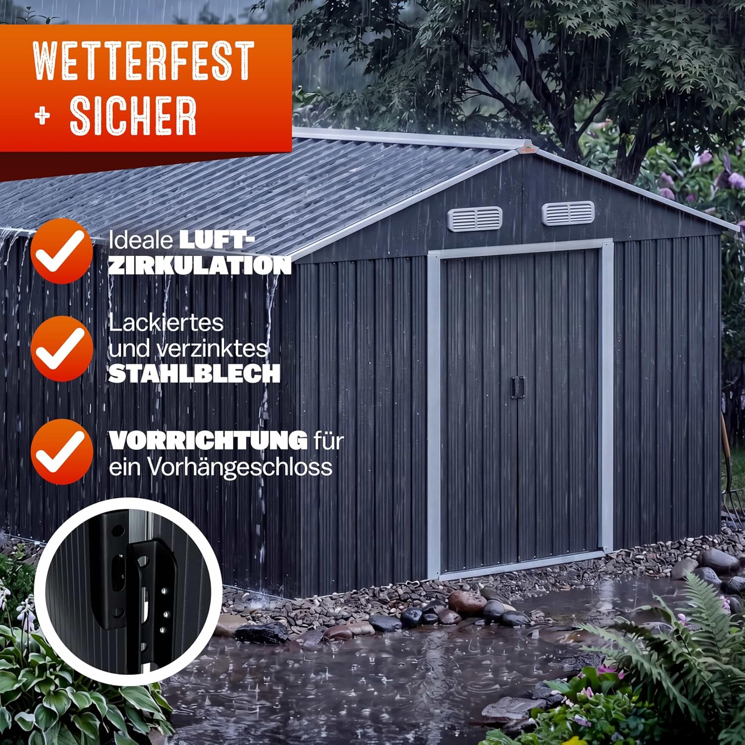 GARDEBRUK® XXXL Metall Gerätehaus 8m2 mit Fundament 315x260x180cm Schiebetür Anthrazit Geräteschuppen Gartenhaus 15m3 — Ansicht 4