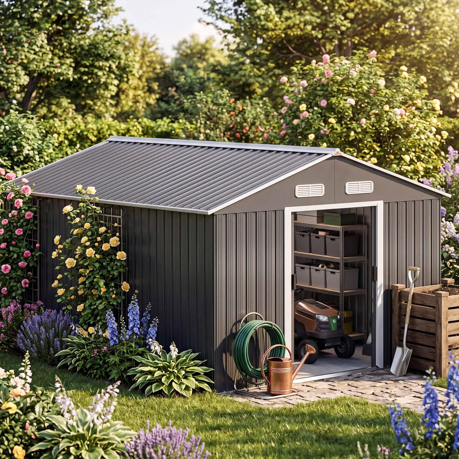 GARDEBRUK® XXXL Metall Gerätehaus 8m2 mit Fundament 315x260x180cm Schiebetür Anthrazit Geräteschuppen Gartenhaus 15m3